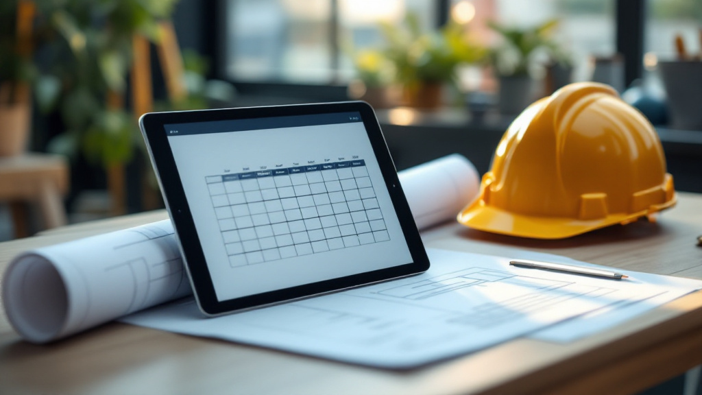 建設会社の事務所の机に置かれた、工程表を表示したタブレットと紙の図面