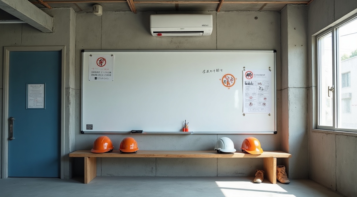建設現場の休憩スペース。ホワイトボードに絵記号を使った作業指示が貼られ、ベンチにヘルメットが並んでいる